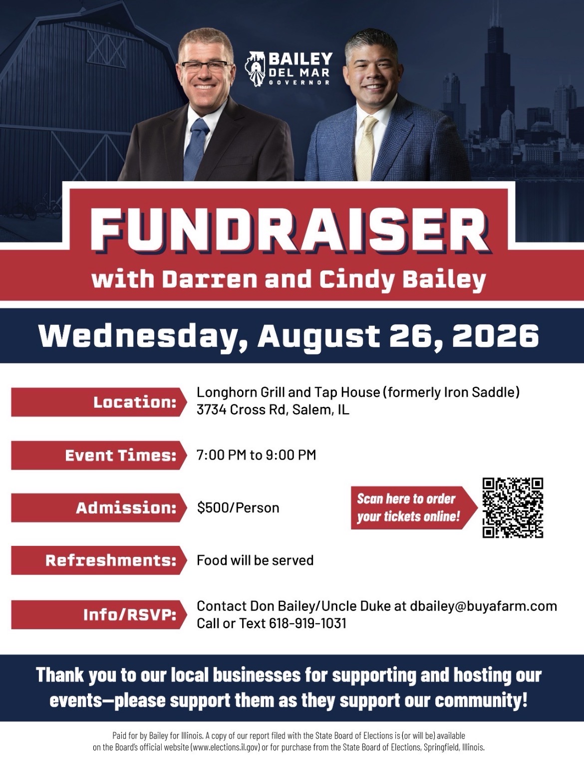 Fundraiser flyer for Darren and Cindy Bailey, Wednesday August 26, 2026, 7:00 to 9:00 PM at Longhorn Grill and Tap House, 3734 Cross Rd, Salem, Illinois. Admission $500 per person, food served. RSVP to Don Bailey at 618-919-1031.